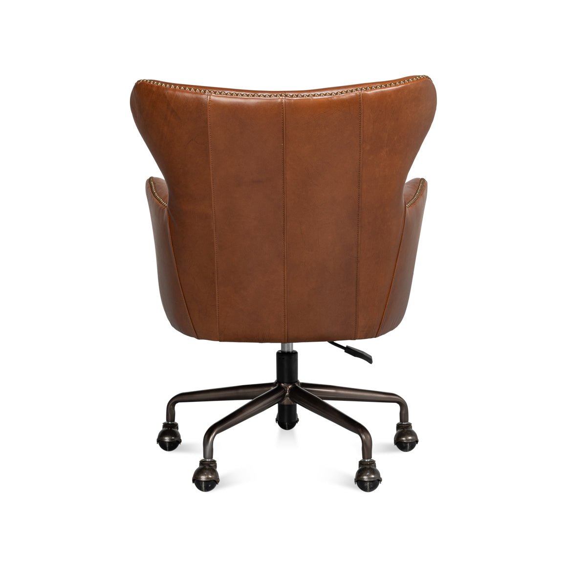 Brown leather desk chair back view