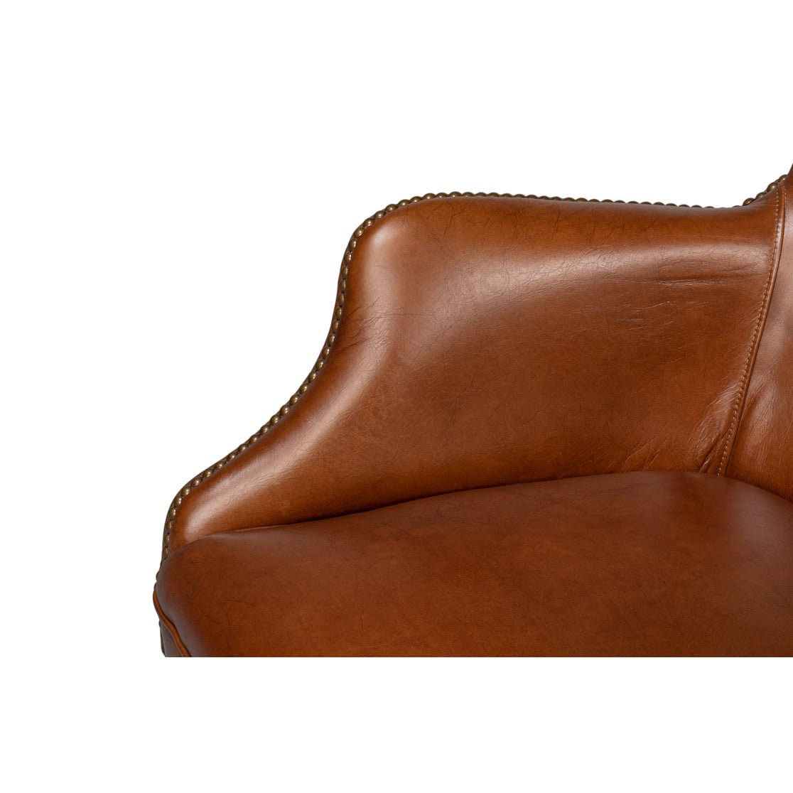 Brown leather desk chair armrest detail