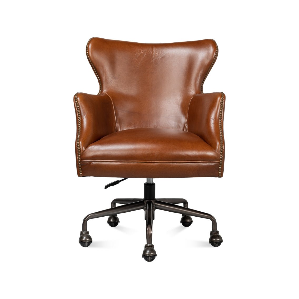 Brown leather desk chair front view
