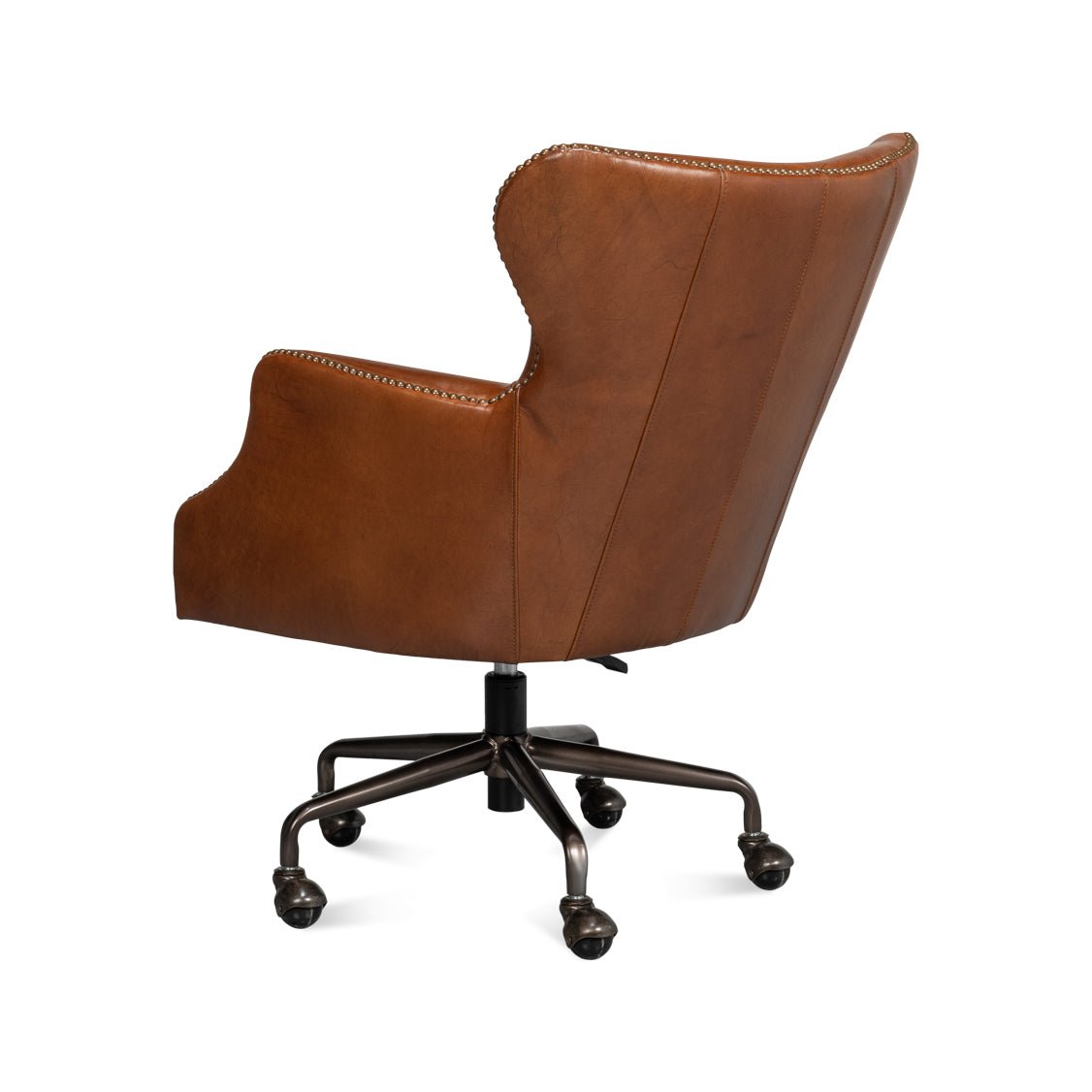 Brown leather desk chair right rear view
