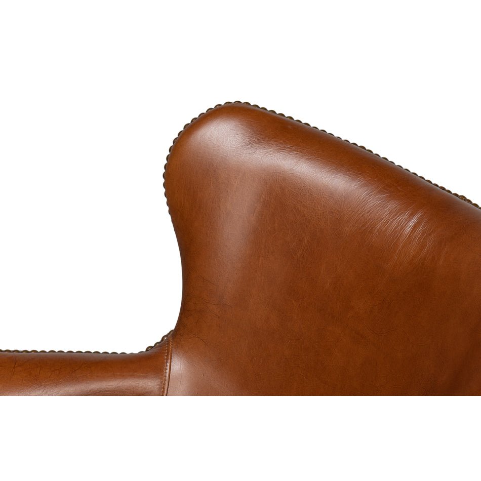 Brown leather desk chair side backrest detail