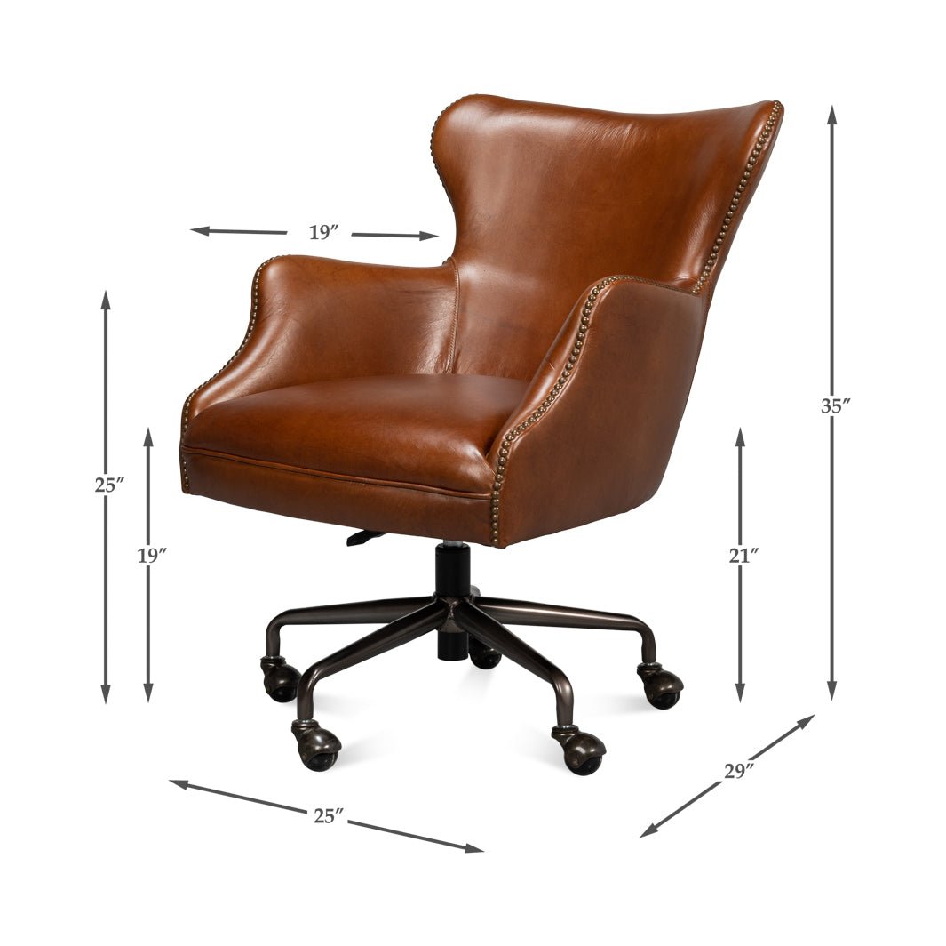 Brown leather desk chair dimensions displayed