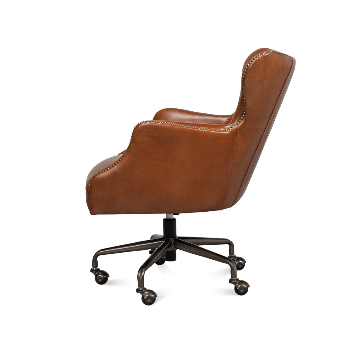 Brown leather desk chair left side view