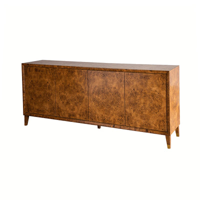 Burl sideboard with closed doors and mid-century style legs.