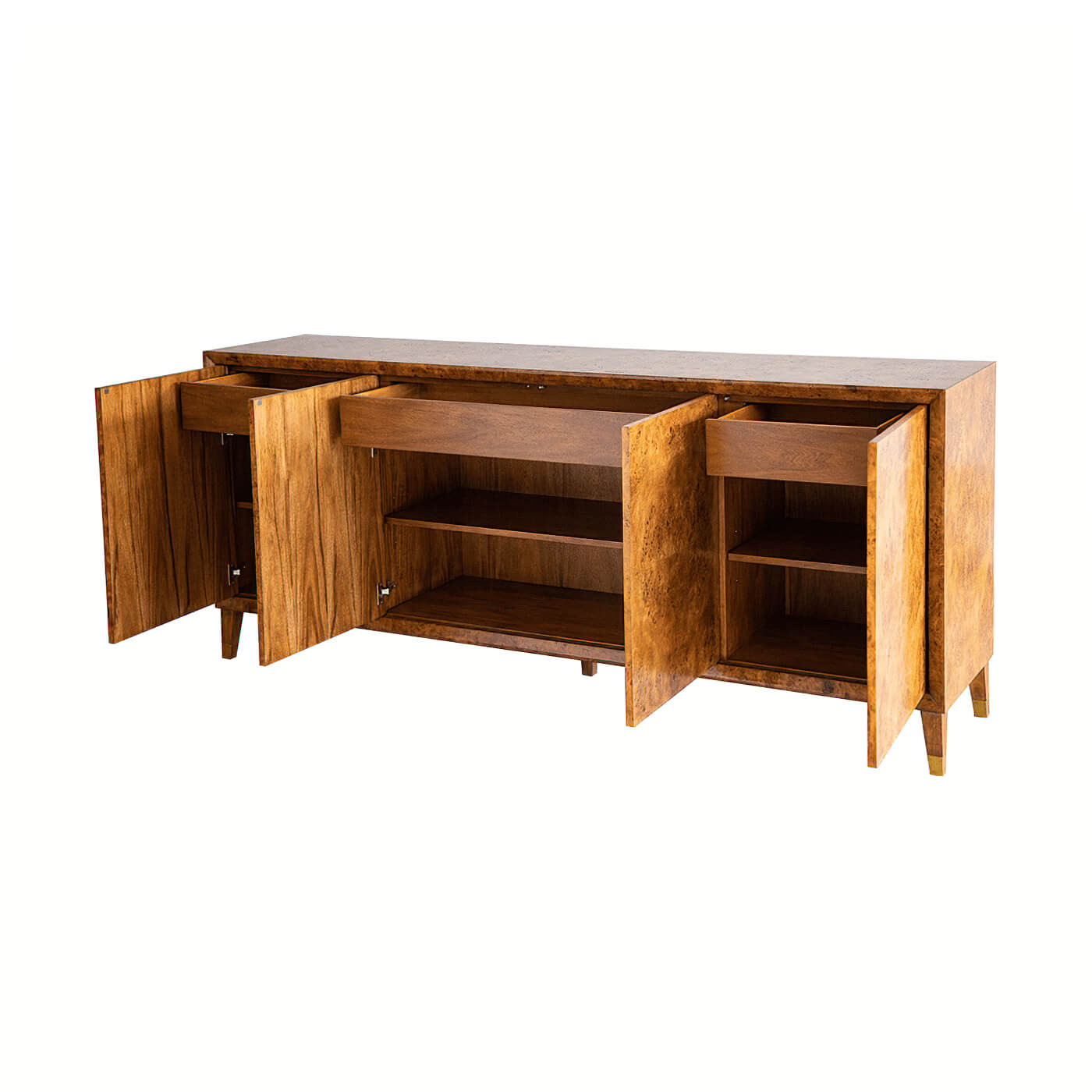 Burl sideboard with open doors and shelves displayed.