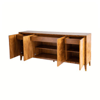 Burl sideboard with open doors and shelves displayed.