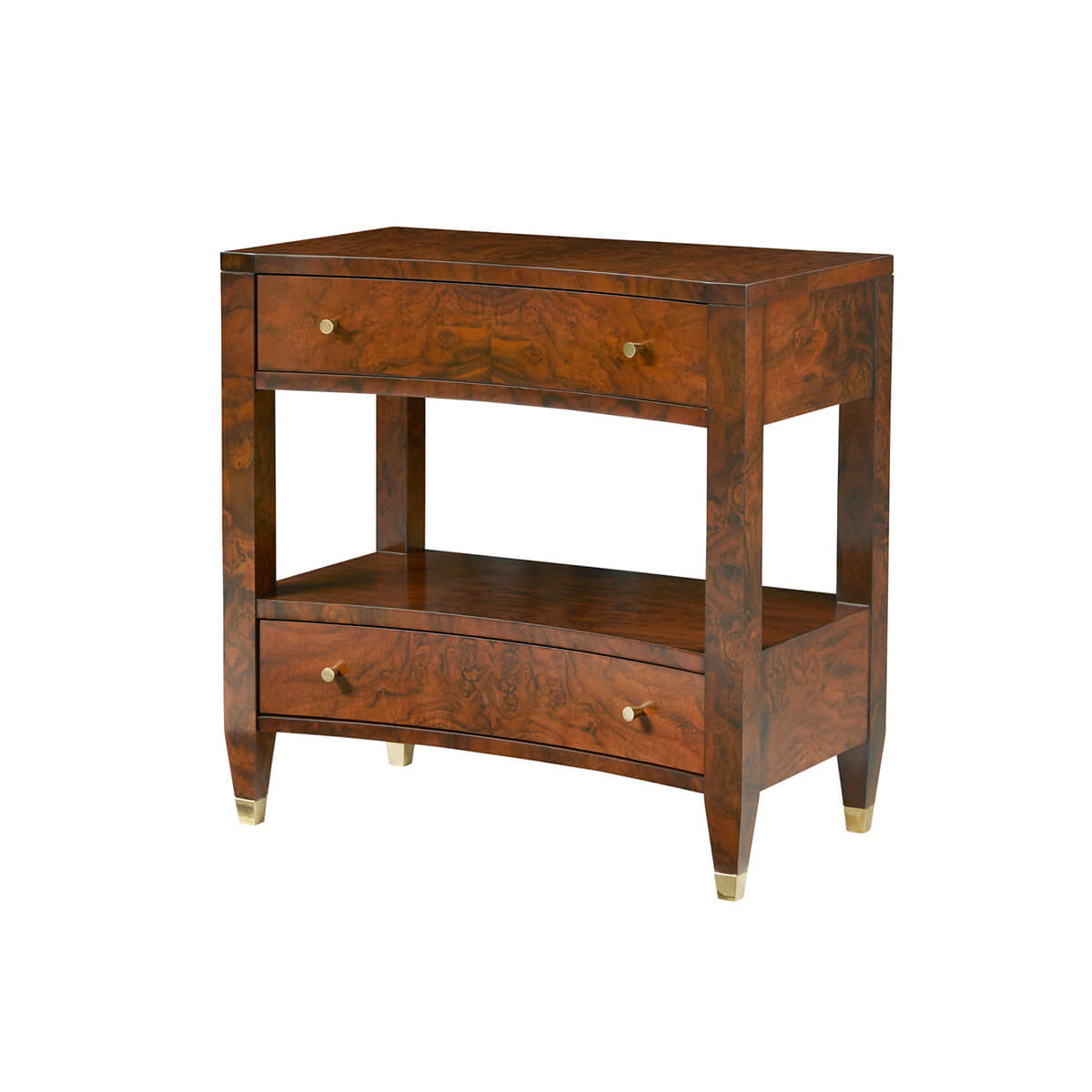 Mid-century modern burl nightstand with two drawers.