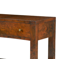 Close-up of nightstand top and upper drawer detail.