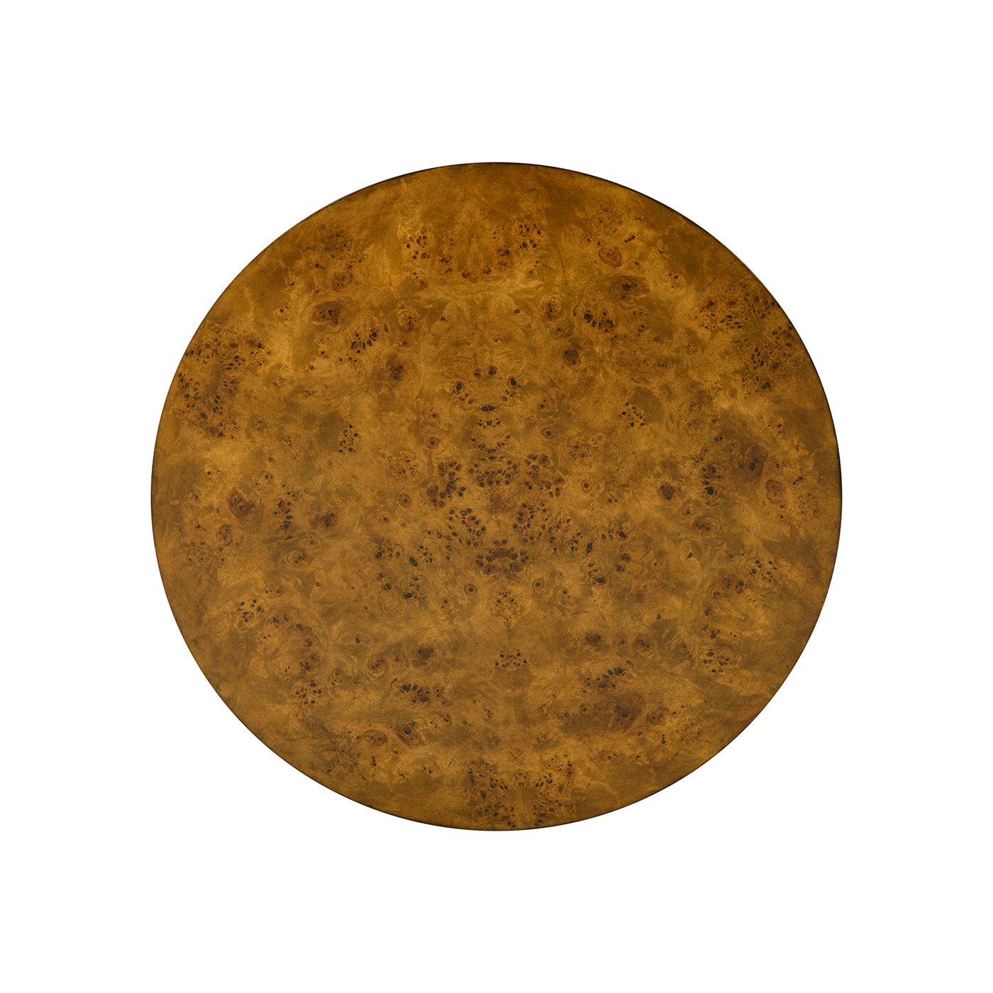Top-down perspective of round burl accent table surface.