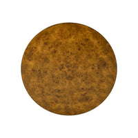 Top-down perspective of round burl accent table surface.