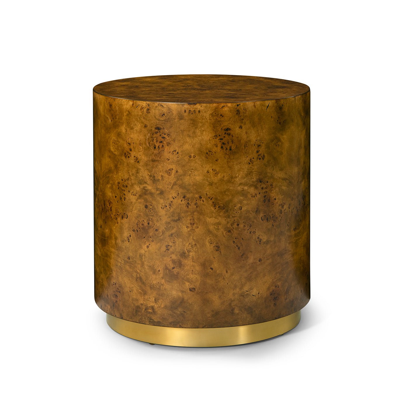 Round burl accent table with brass base, side view.