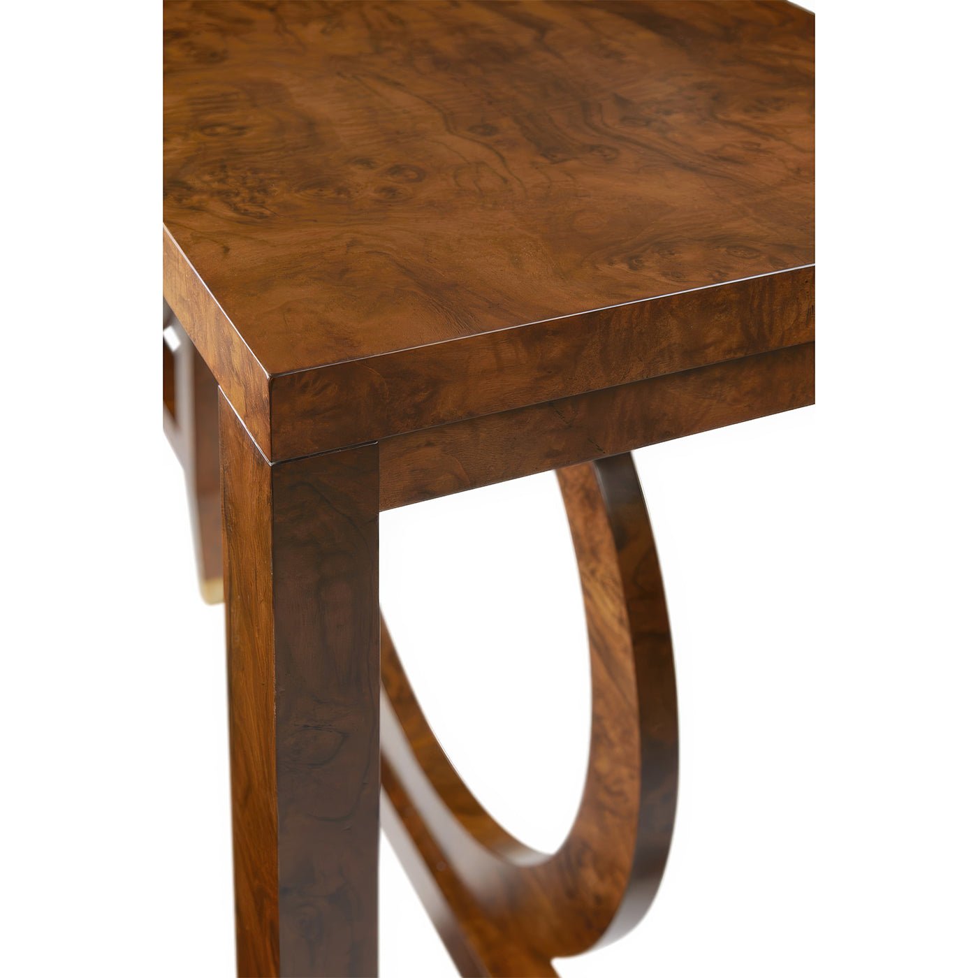 Close-up of burl walnut console table top detail.