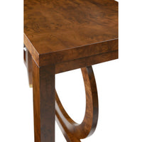 Close-up of burl walnut console table top detail.