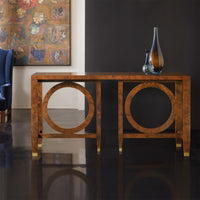 Burl walnut console table styled in living room.