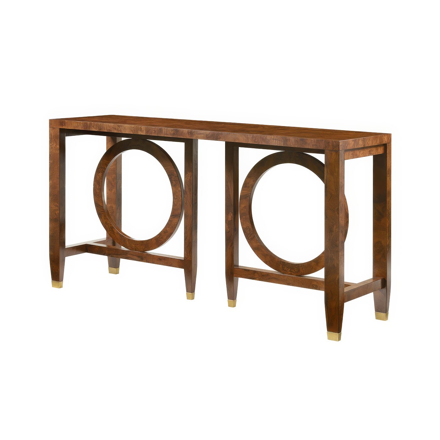 Mid-century modern burl walnut console table.