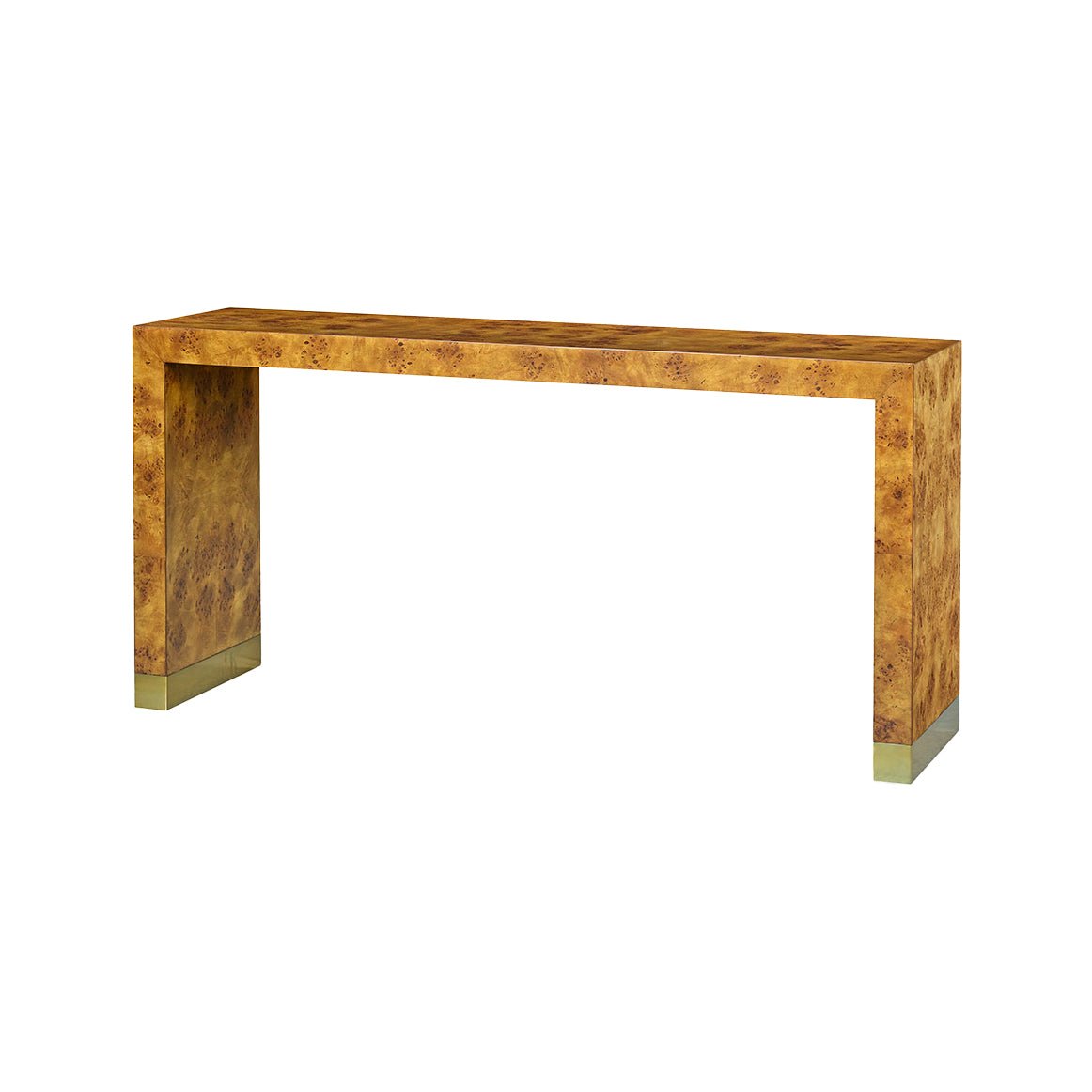 Modern burl wood console table angled view.