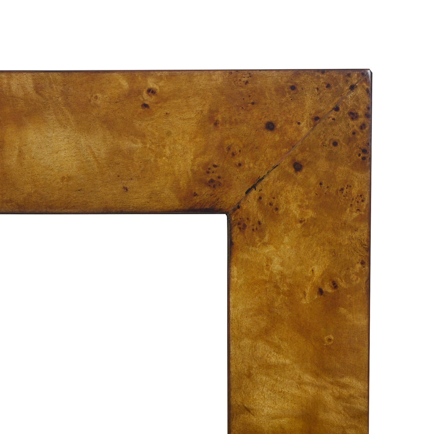 Joint detail of modern burl wood console table.
