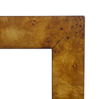 Joint detail of modern burl wood console table.