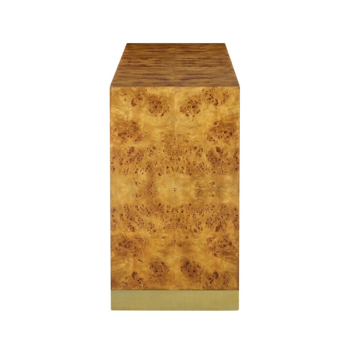 Side profile of modern burl wood console table.