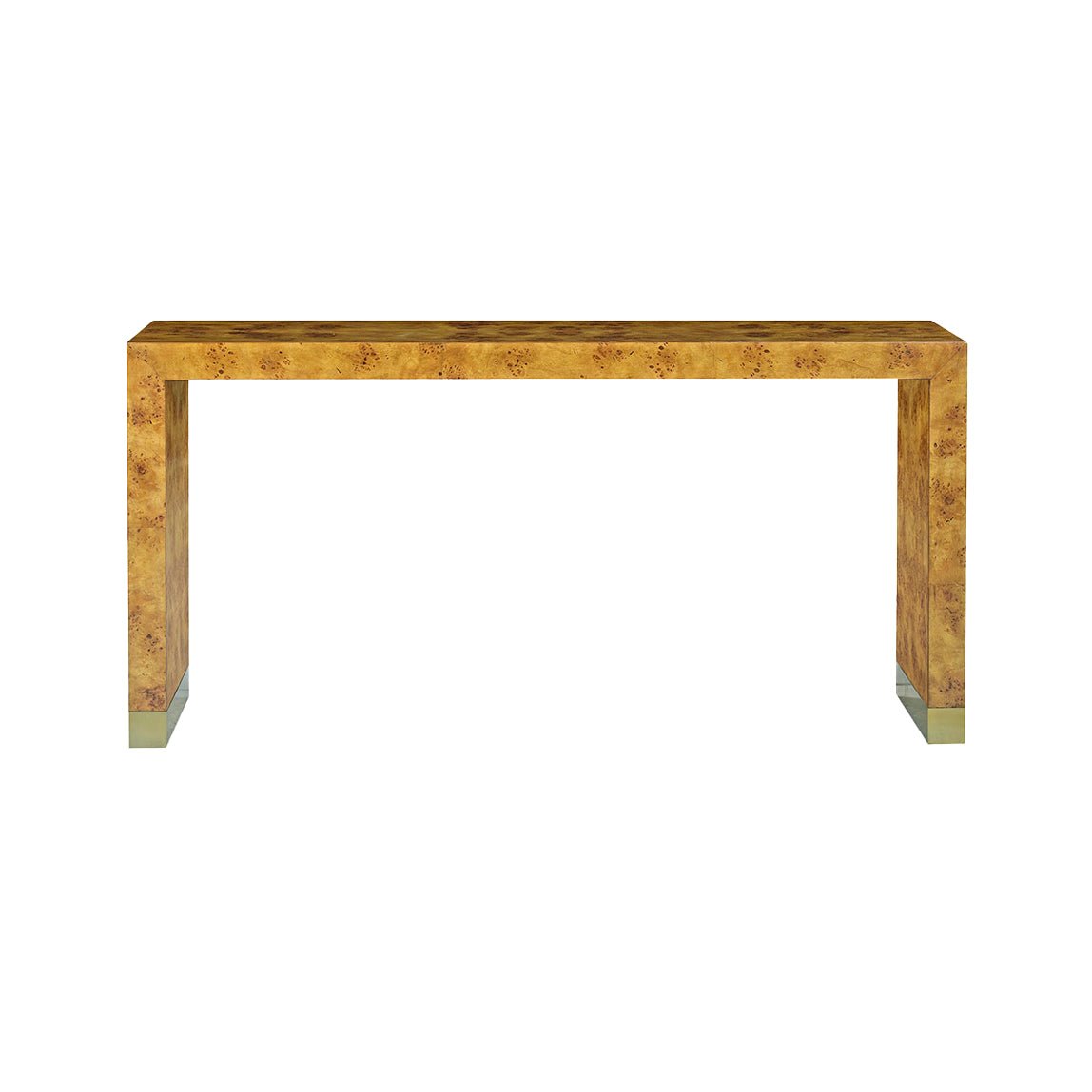 Front view of modern burl wood console table.