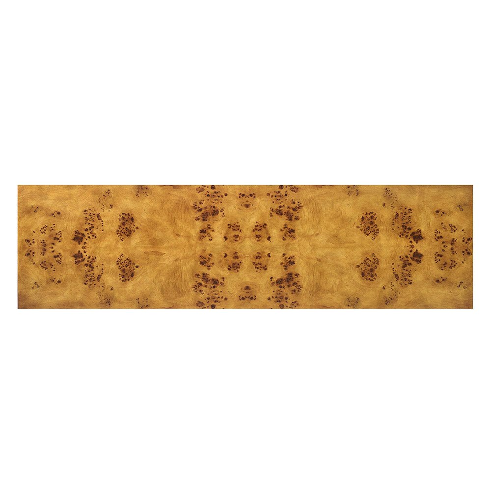 Top detail of modern burl wood console table.