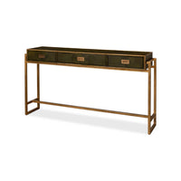 Green leather console table with gold frame, angled view.