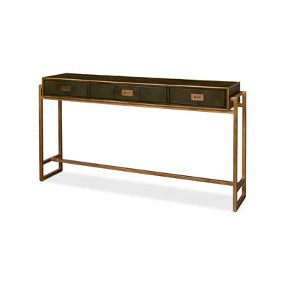Green leather console table with gold frame, angled view.