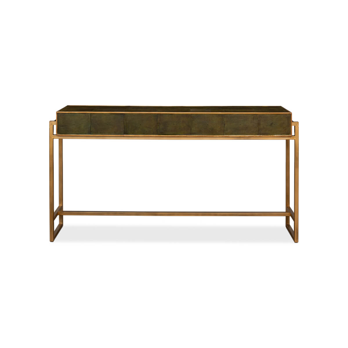Back view of console table, green leather and gold.