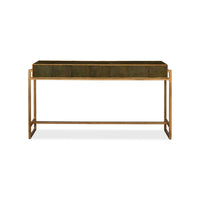 Back view of console table, green leather and gold.