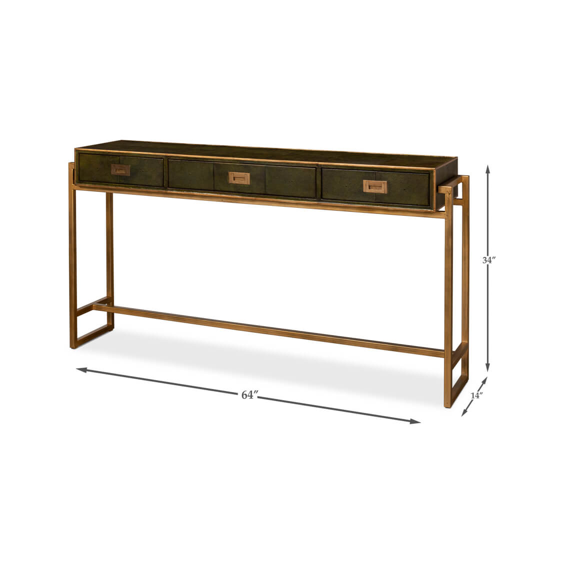 Dimensions of green leather console table, gold frame.