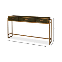 Dimensions of green leather console table, gold frame.