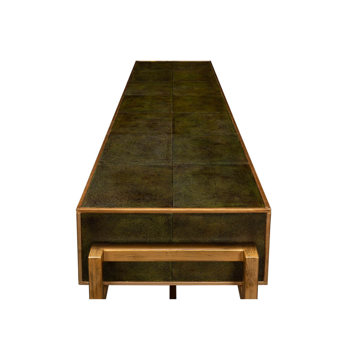 Top view of console table, green leather design.