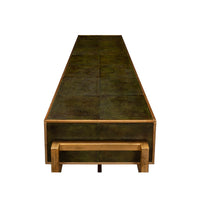 Top view of console table, green leather design.