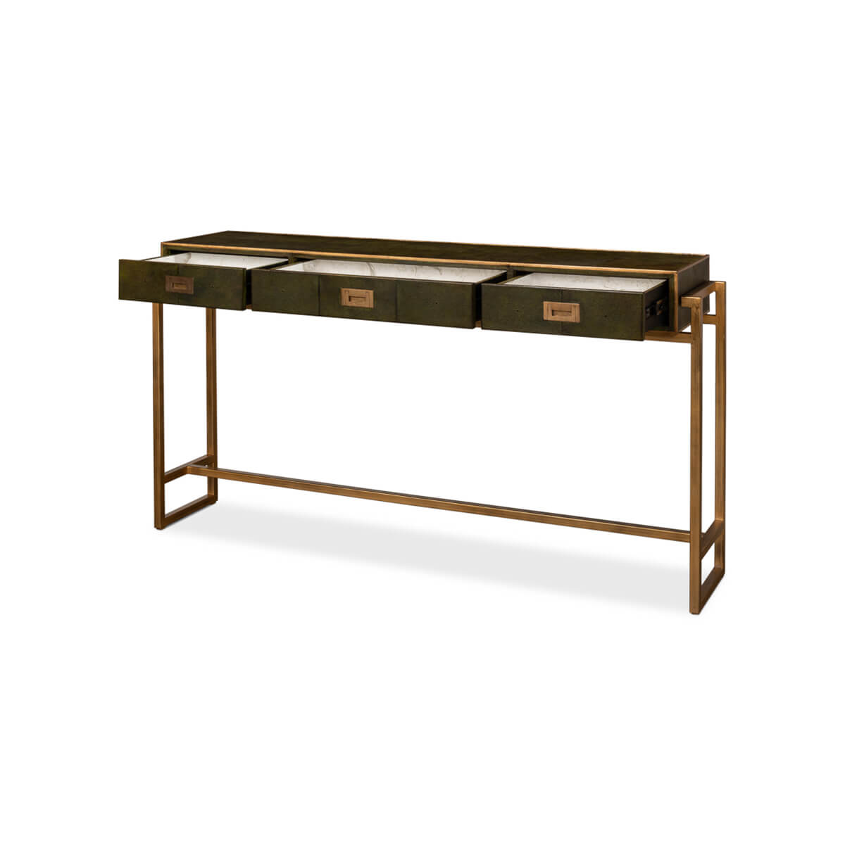 Console table with open drawers, green leather and gold.
