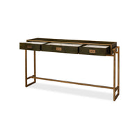 Console table with open drawers, green leather and gold.