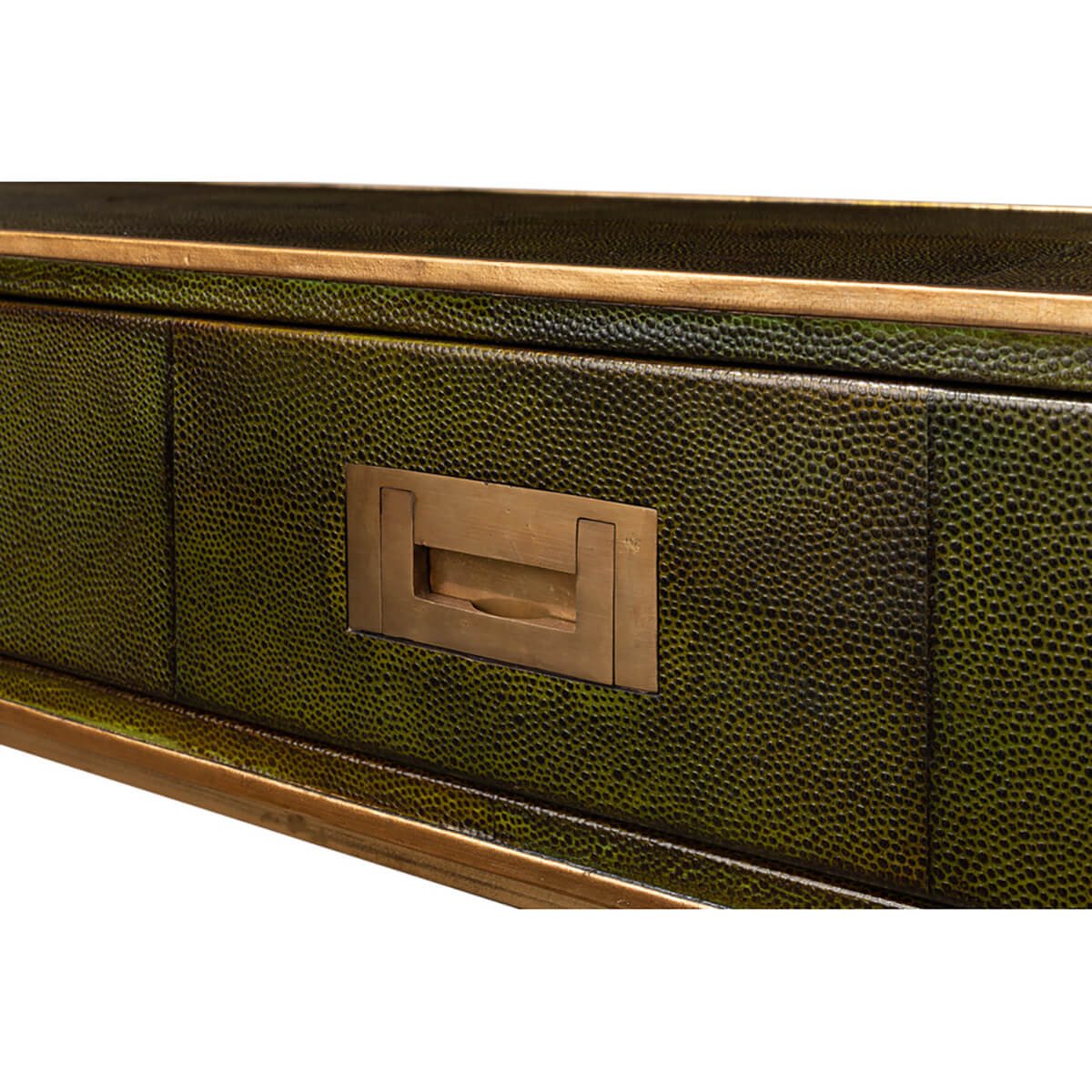 Close-up of drawer detail, green leather console table.