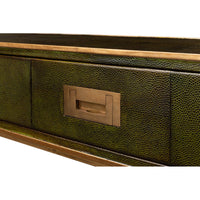 Close-up of drawer detail, green leather console table.