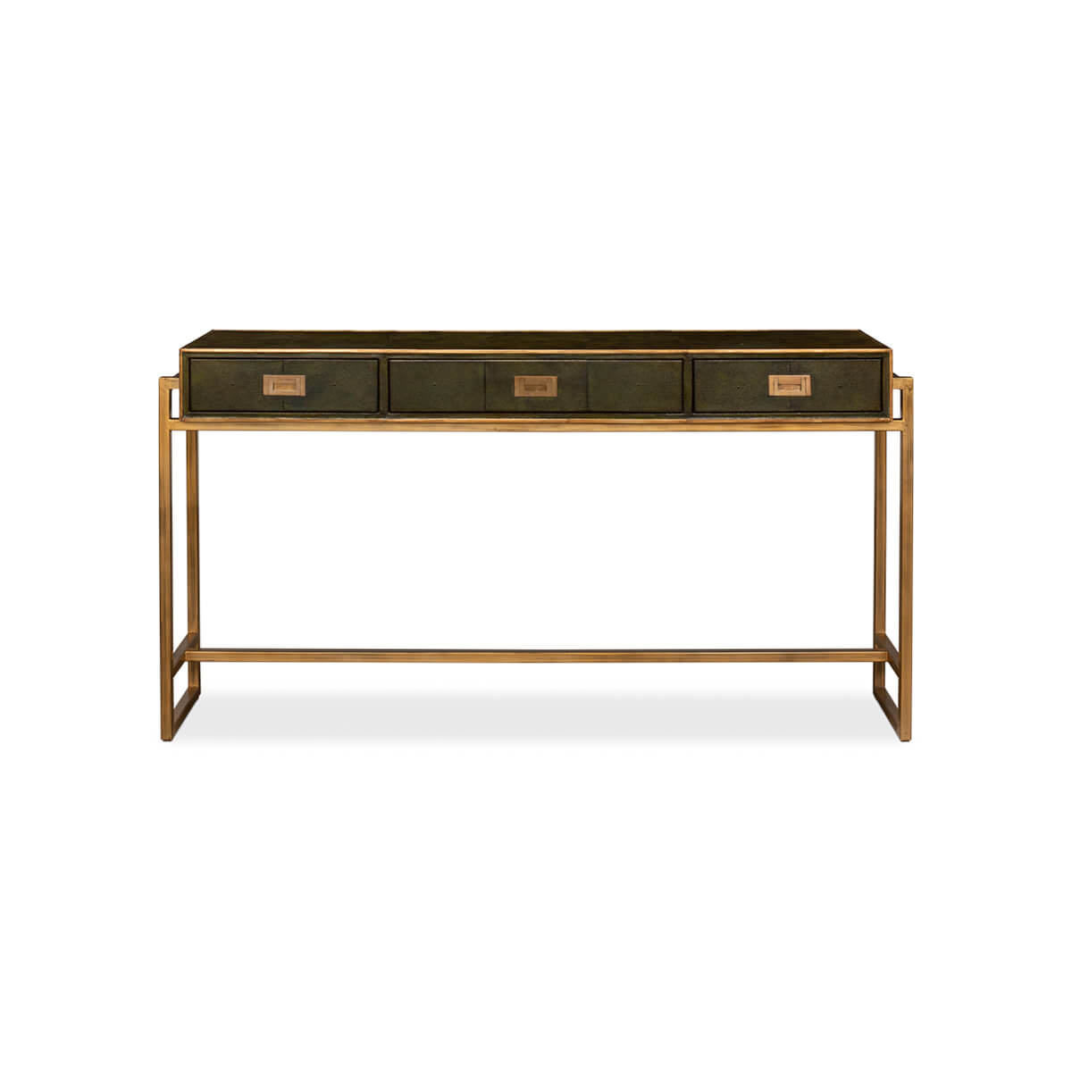 Front view of green leather console table, all drawers closed.