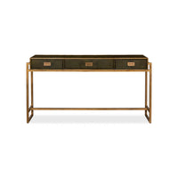 Front view of green leather console table, all drawers closed.