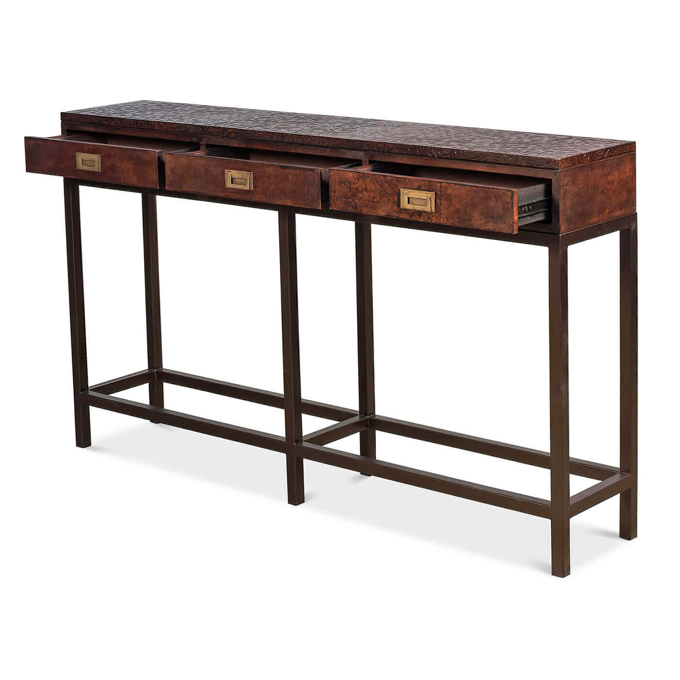 Console table with drawers partially open, side perspective.