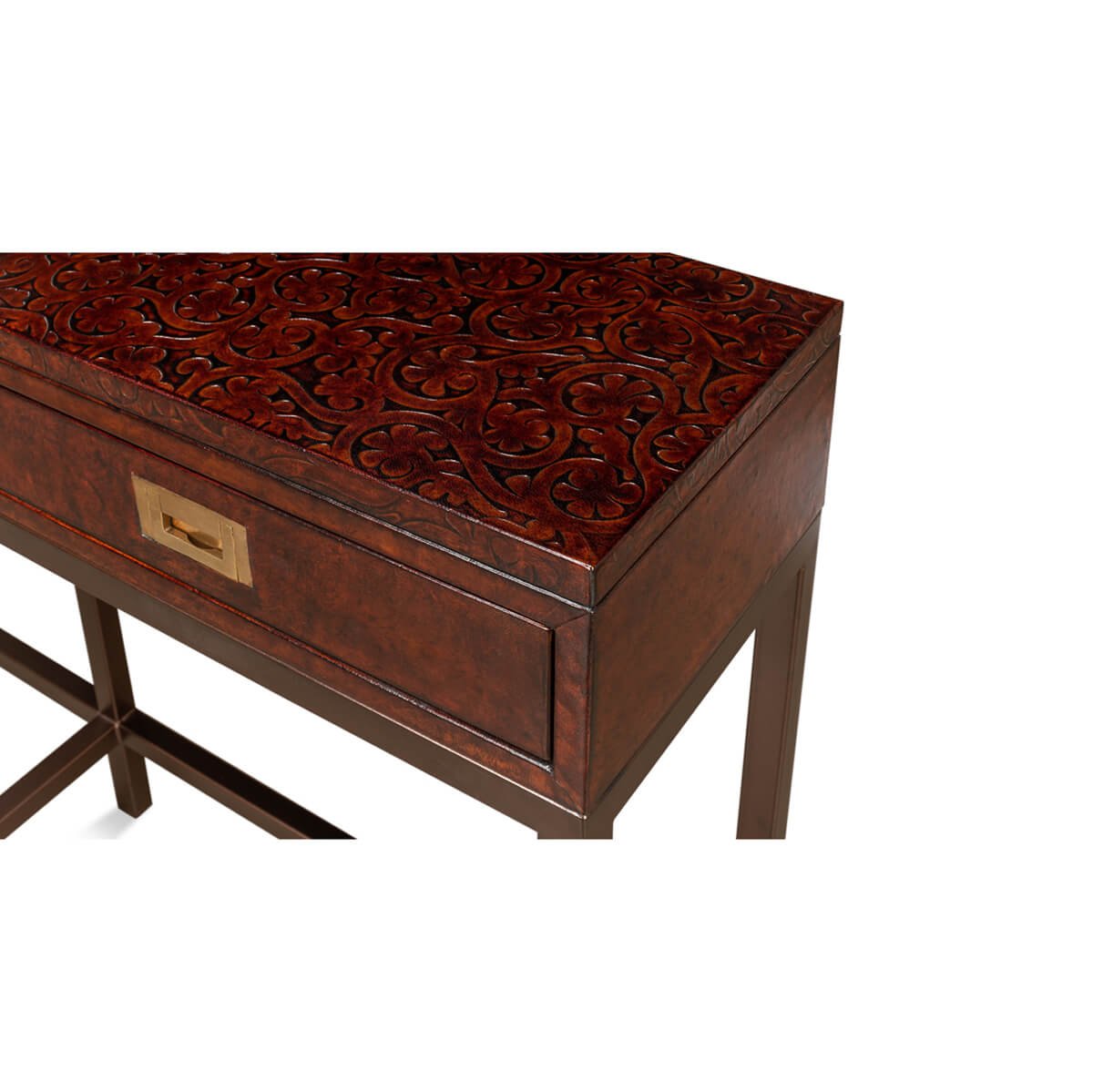 Edge view of console table's decorative top and drawer.
