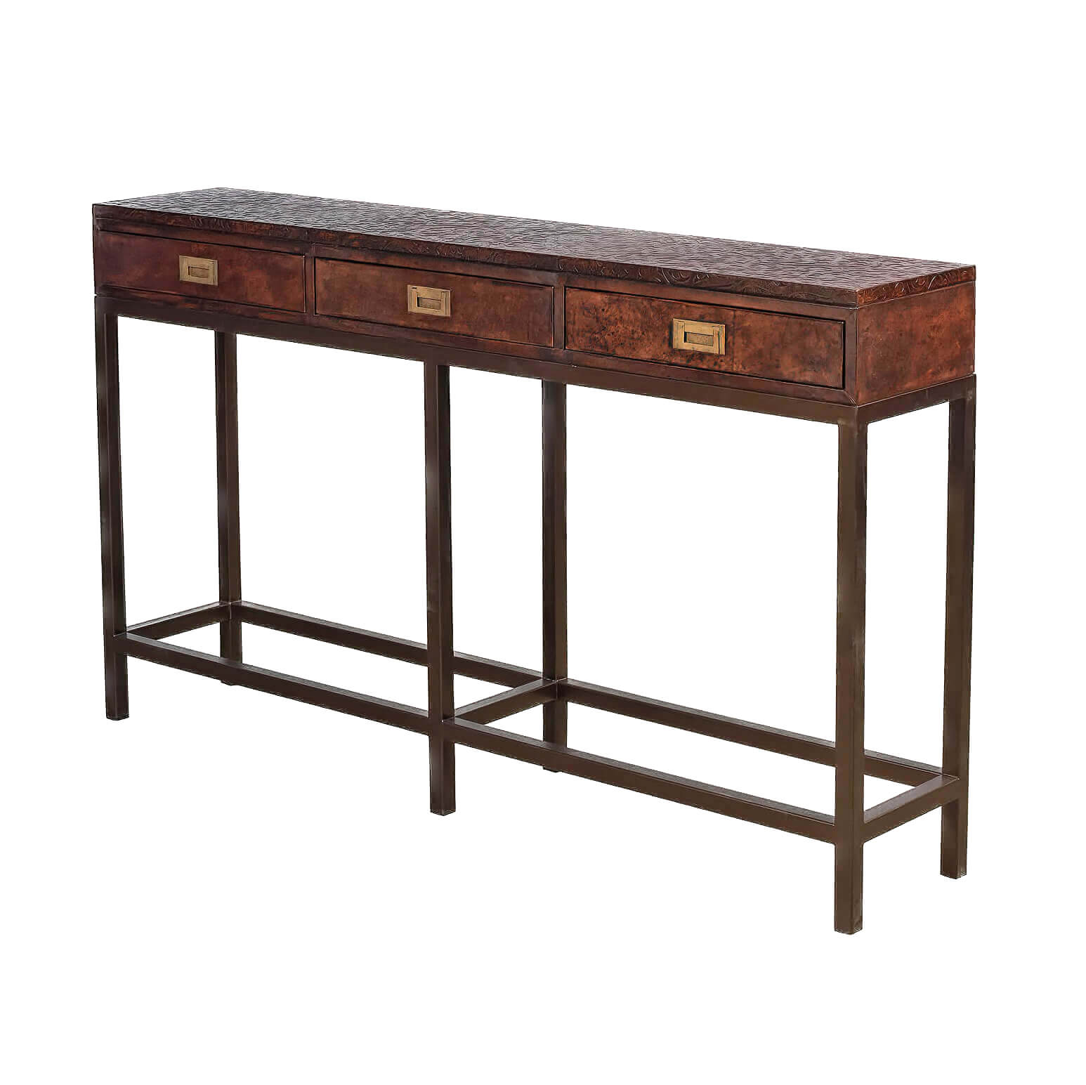 Elegant console table with carved texture, angled side view.