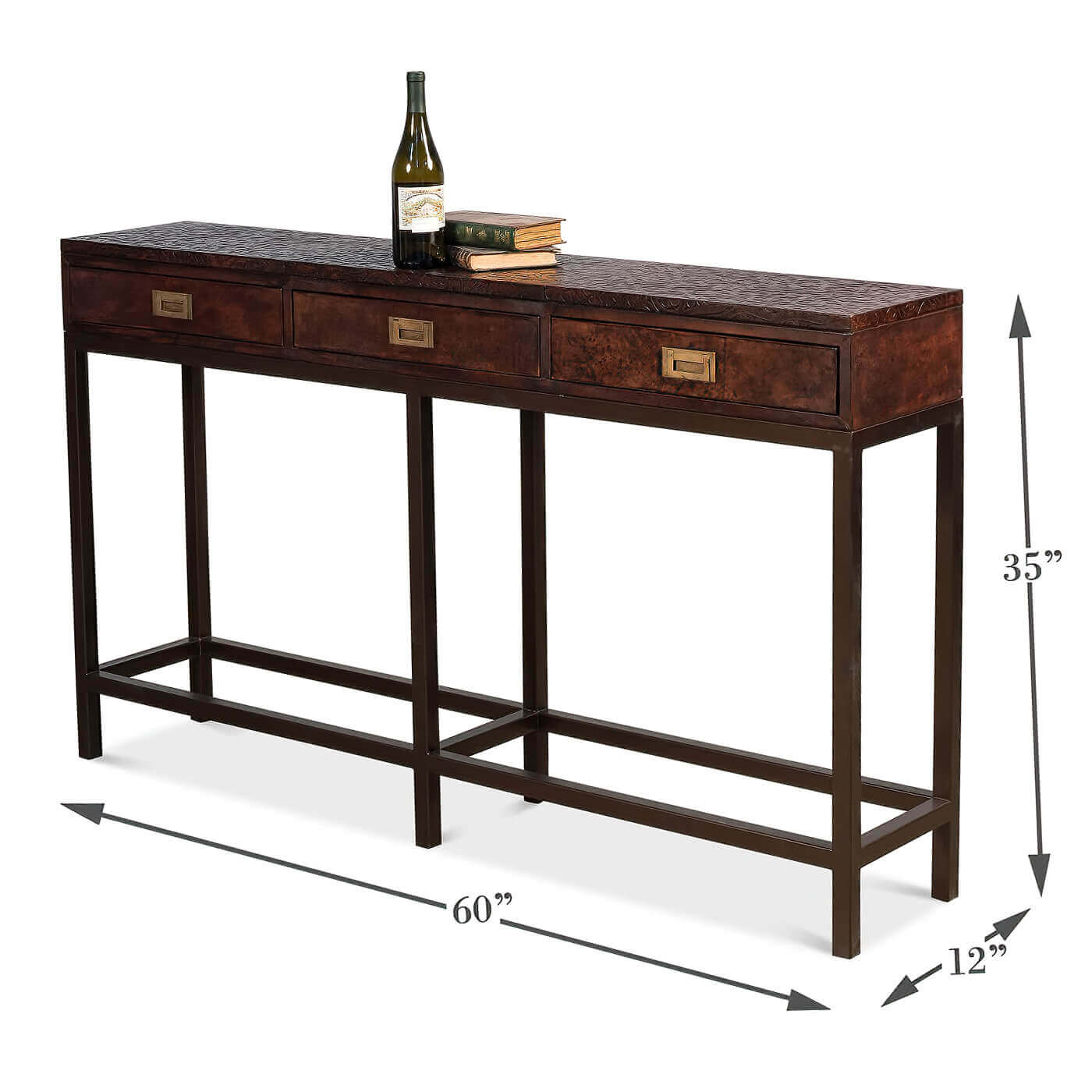 Modern console table with dimensions, décor items shown.