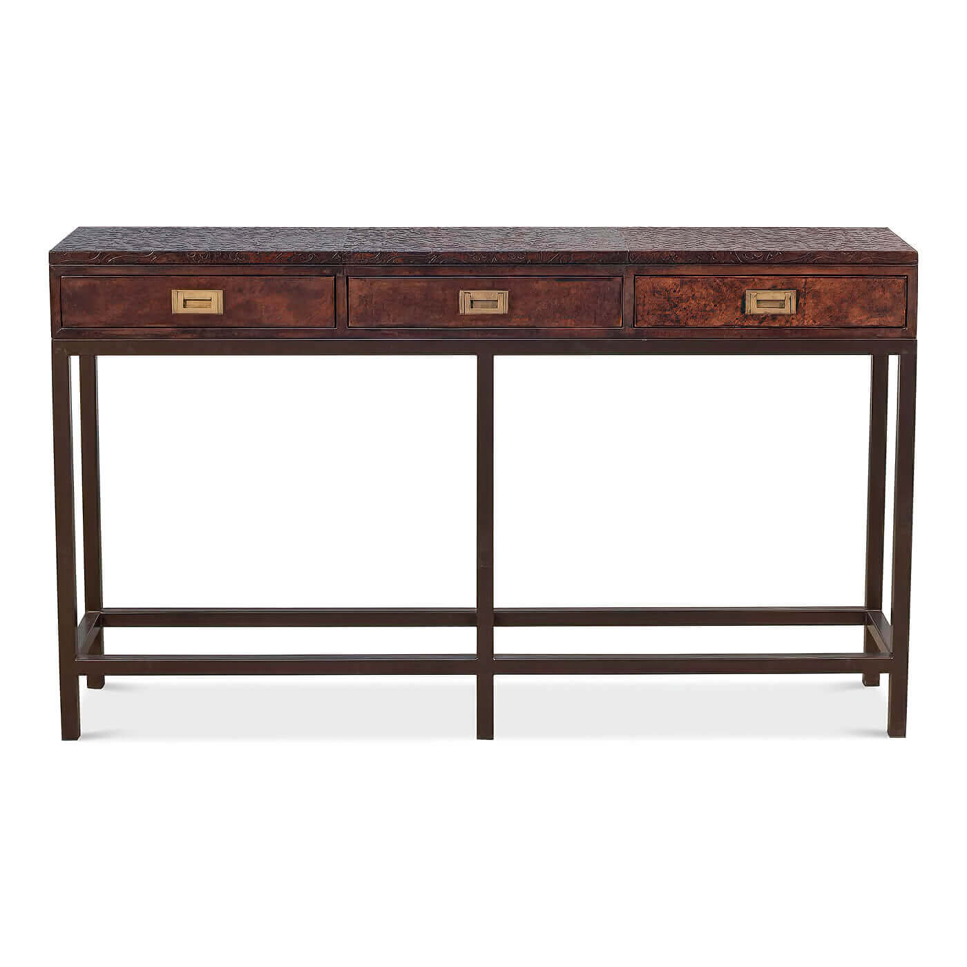 Front view of modern console table with drawers.