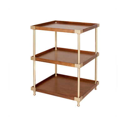 Three-tier wooden and brass etagere side table.