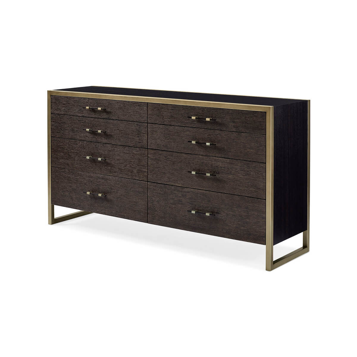 Modern double dresser angled view with brass accents.