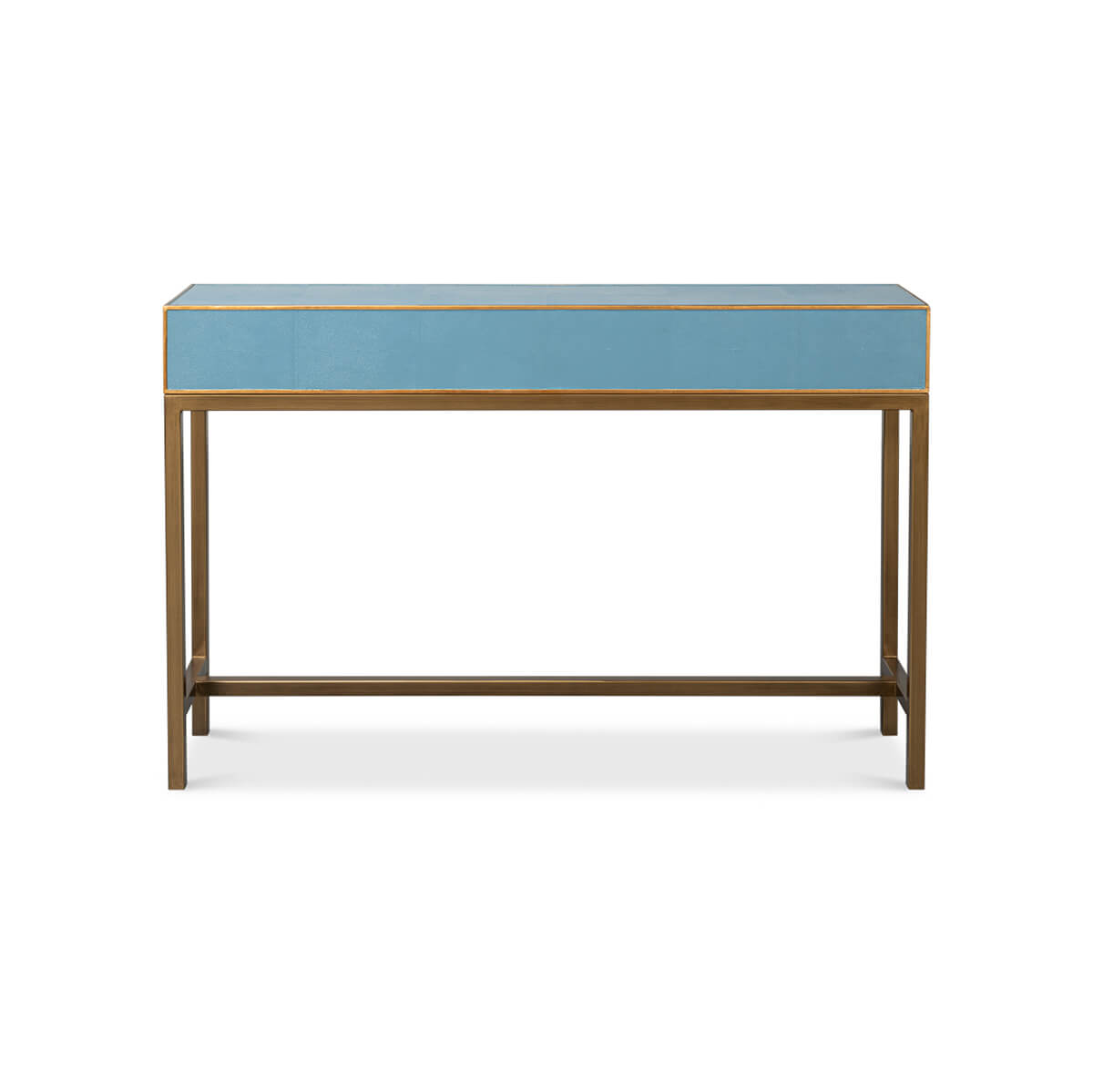 Back view of blue leather console table.