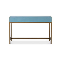 Back view of blue leather console table.