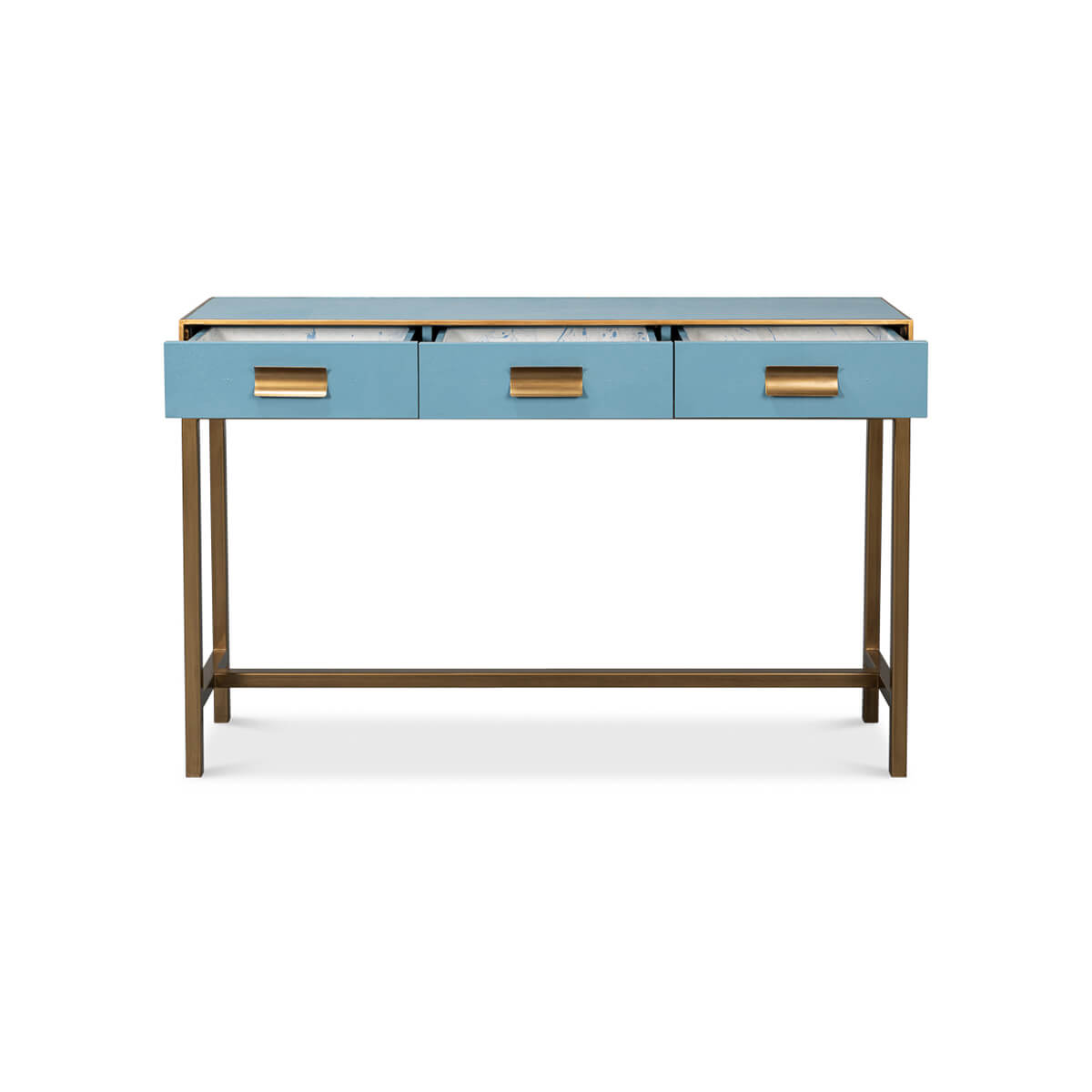 Blue console table, open drawers, front view.
