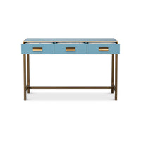 Blue console table, open drawers, front view.